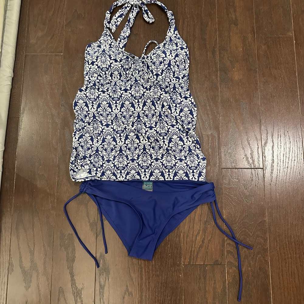 Blue and White Floral Swimsuit Set